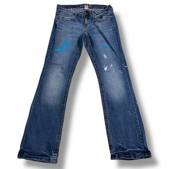 Maurices Denim - Maurices Womens Denim Blue Jeans Flare Leg Paint Distressed Medium Wash Size 7 8